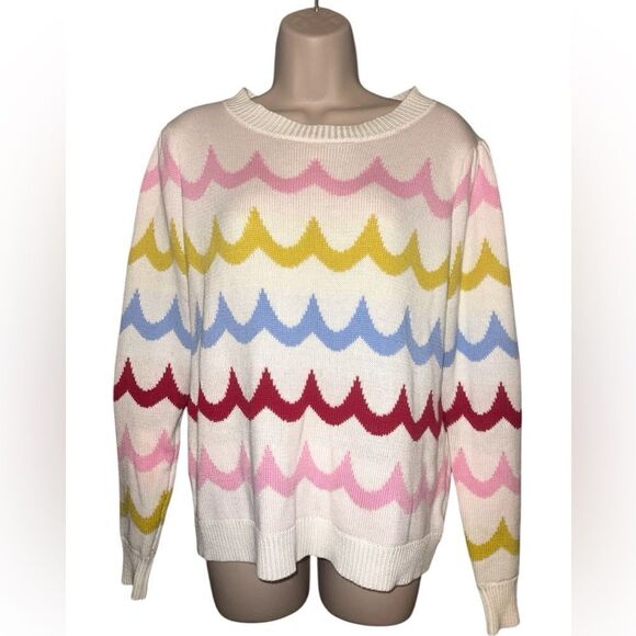 AVARA Ivory Women pull over Wave Retro Fitted Crew Neck Sweater, Multicolor S - Picture 1 of 5